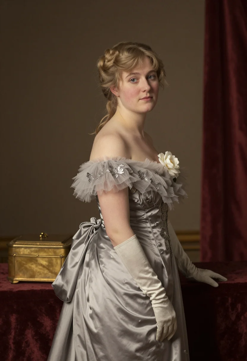 Courtesan period-drama photoshoot — dove-grey watered silk, silver embroidery, gaslit opera box