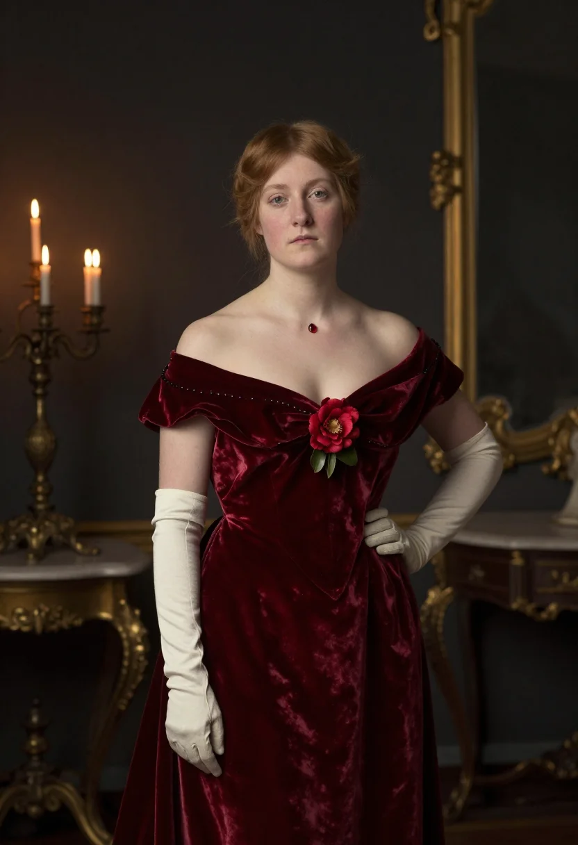Courtesan period-drama photoshoot — garnet velvet, jet bertha collar, crimson camellia corsage