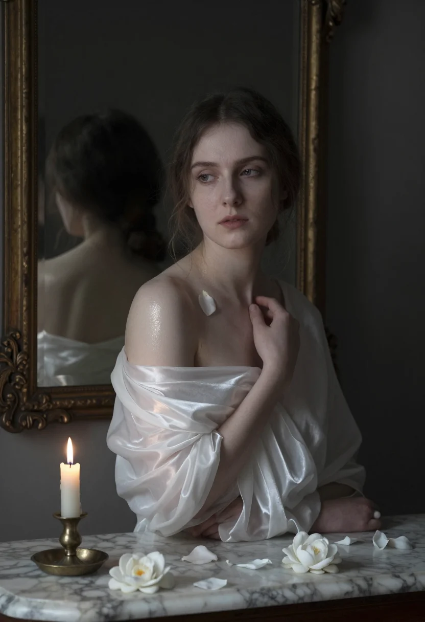 Period-drama portrait photo — the vanitas double, white silk slip, foxed mirror, fallen petals