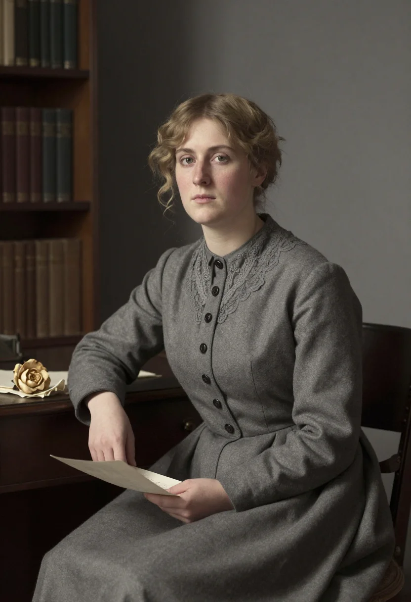 Period-drama portrait photo — dove-grey wool day dress, dried camellia, letter lowered to the lap