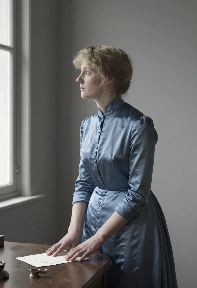 Period-drama portrait photo — the renunciation, slate-blue taffeta, hand on the sealed letter