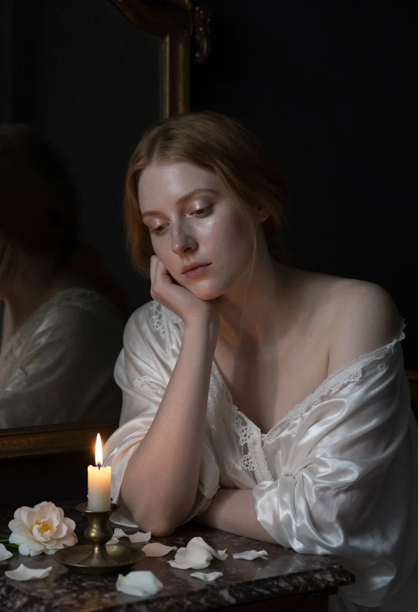 Period-drama portrait photo — sheer white slip, guttering candle, near-black vanitas reflection