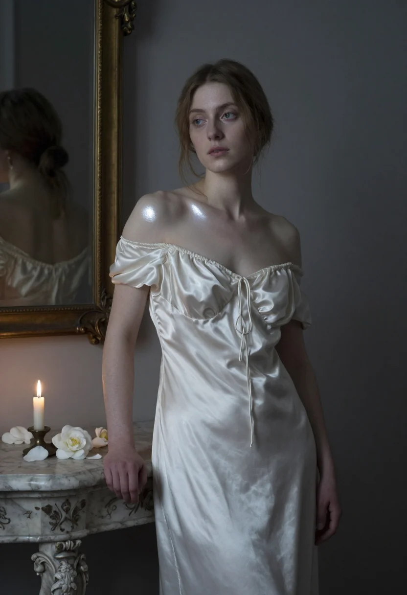 Period-drama portrait photo — ivory chemise, moonlight and candle, spotted mirror, marble console