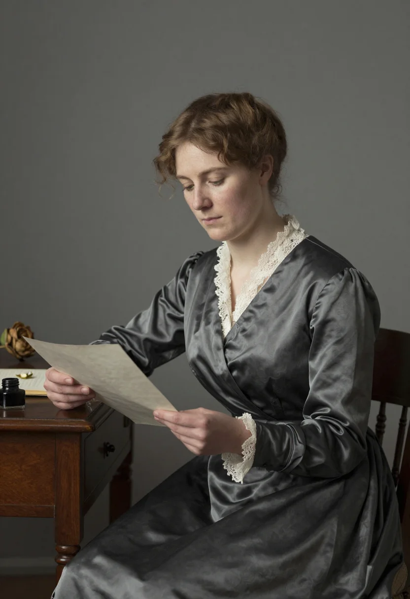 Period-drama portrait photo — the letter, charcoal grey taffeta day dress, north-window light