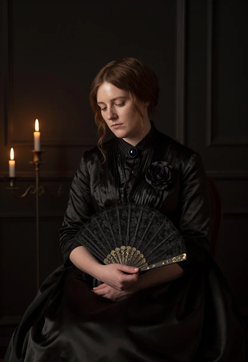 Period-drama portrait photo — charcoal silk faille mourning, jet brooch, two low candle flames