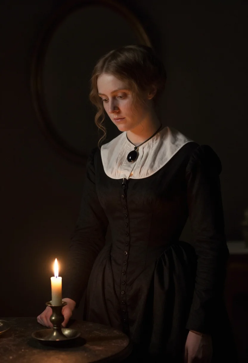 Period-drama portrait photo — black bombazine mourning, jet locket, candle underlight