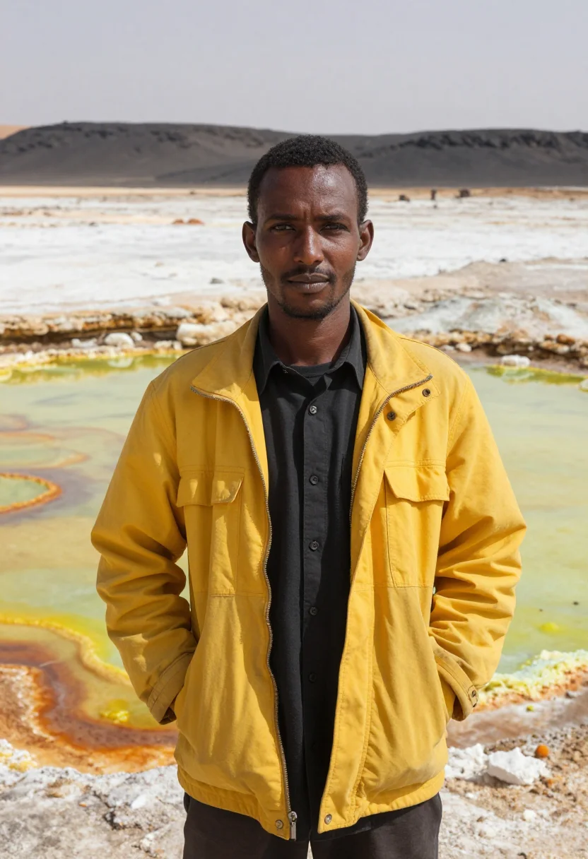 AI danakil geologist salt flat sulphur palette sample — portrait of a man, an Afar geologist in his late thirties wi