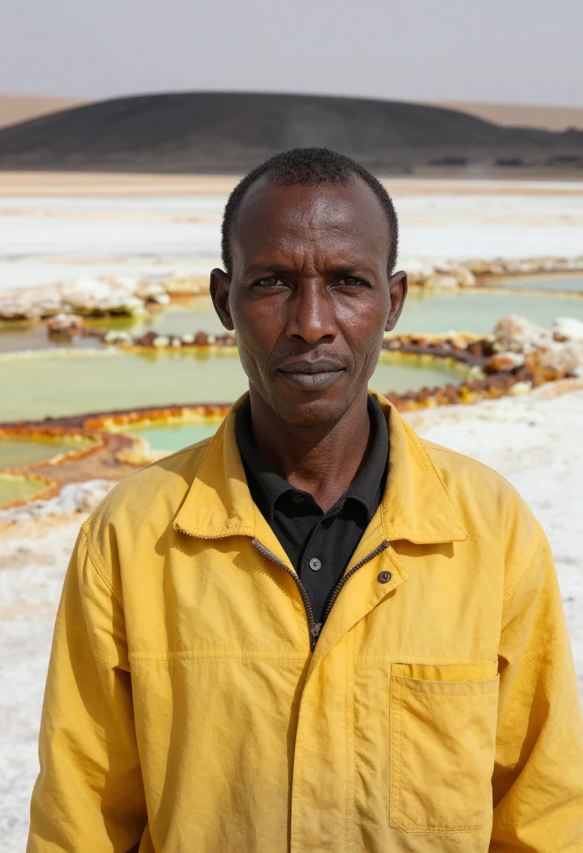 AI danakil geologist salt flat sulphur palette sample — portrait of a man, an Ethiopian geologist in his late fortie