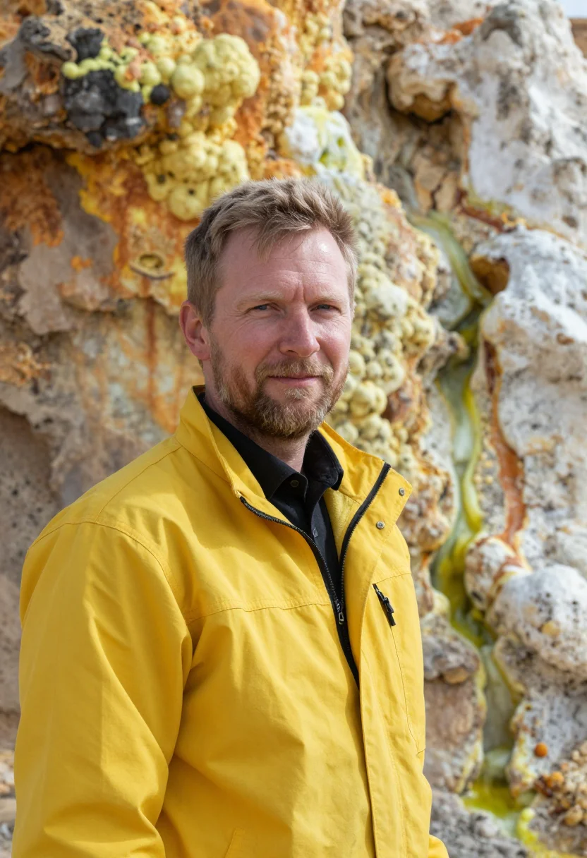 AI danakil geologist salt flat sulphur palette sample — portrait of a man, an Icelandic geologist in his late thirti