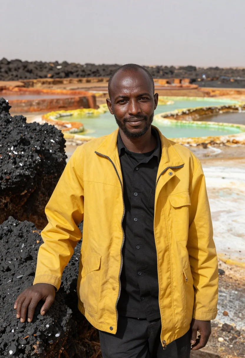 AI danakil geologist salt flat sulphur palette sample — portrait of a man, an Eritrean geologist in his mid-forties