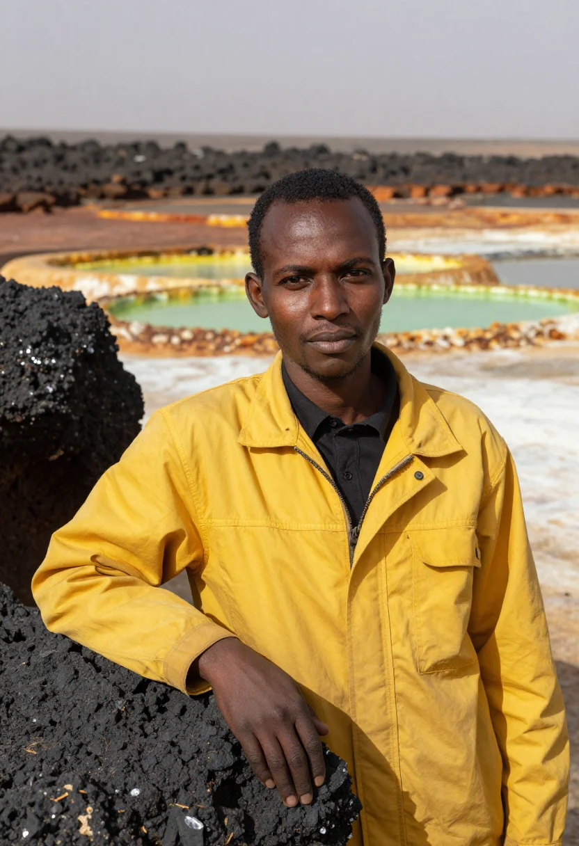 AI danakil geologist salt flat sulphur palette sample — portrait of a man, an Ethiopian geologist in his early thirt