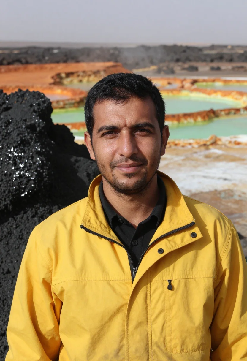 AI danakil geologist salt flat sulphur palette sample — portrait of a man, an Italian geologist in his mid-thirties