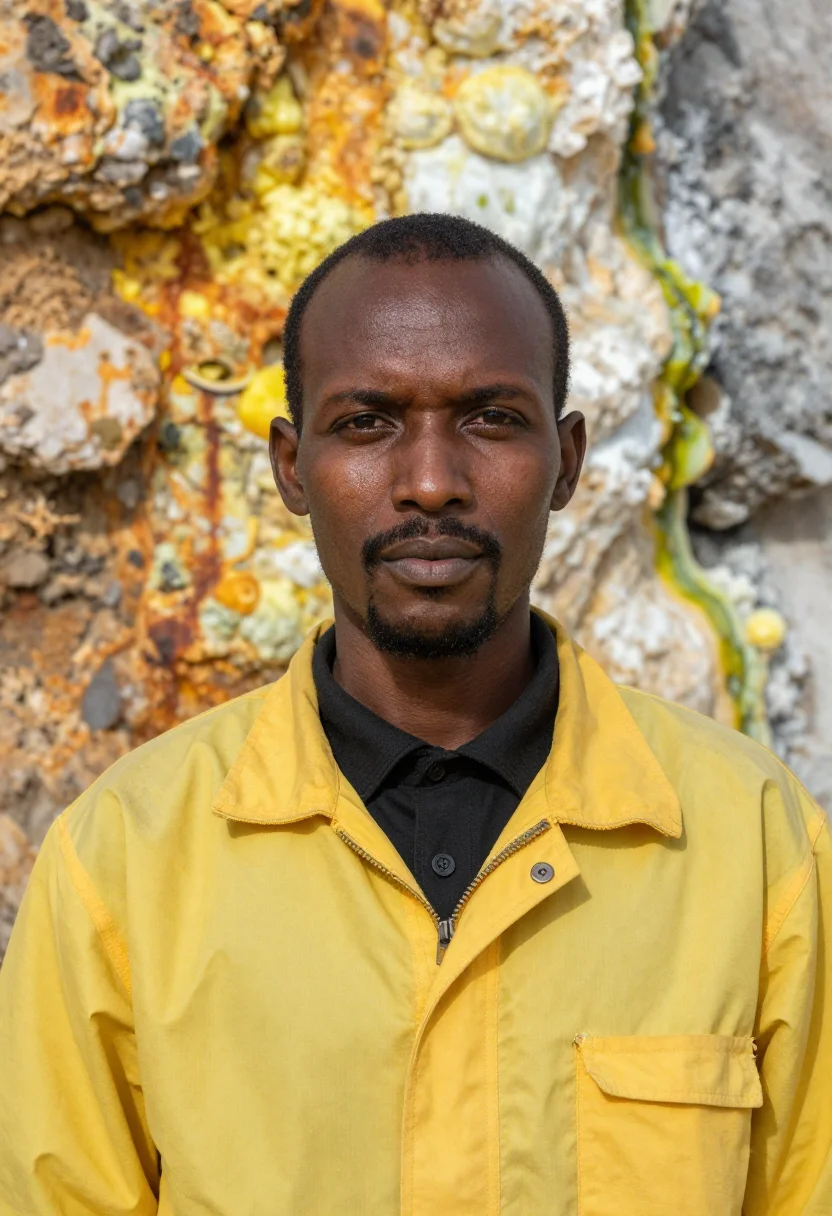 AI danakil geologist salt flat sulphur palette sample — portrait of a man, an Ethiopian geologist in his early forti