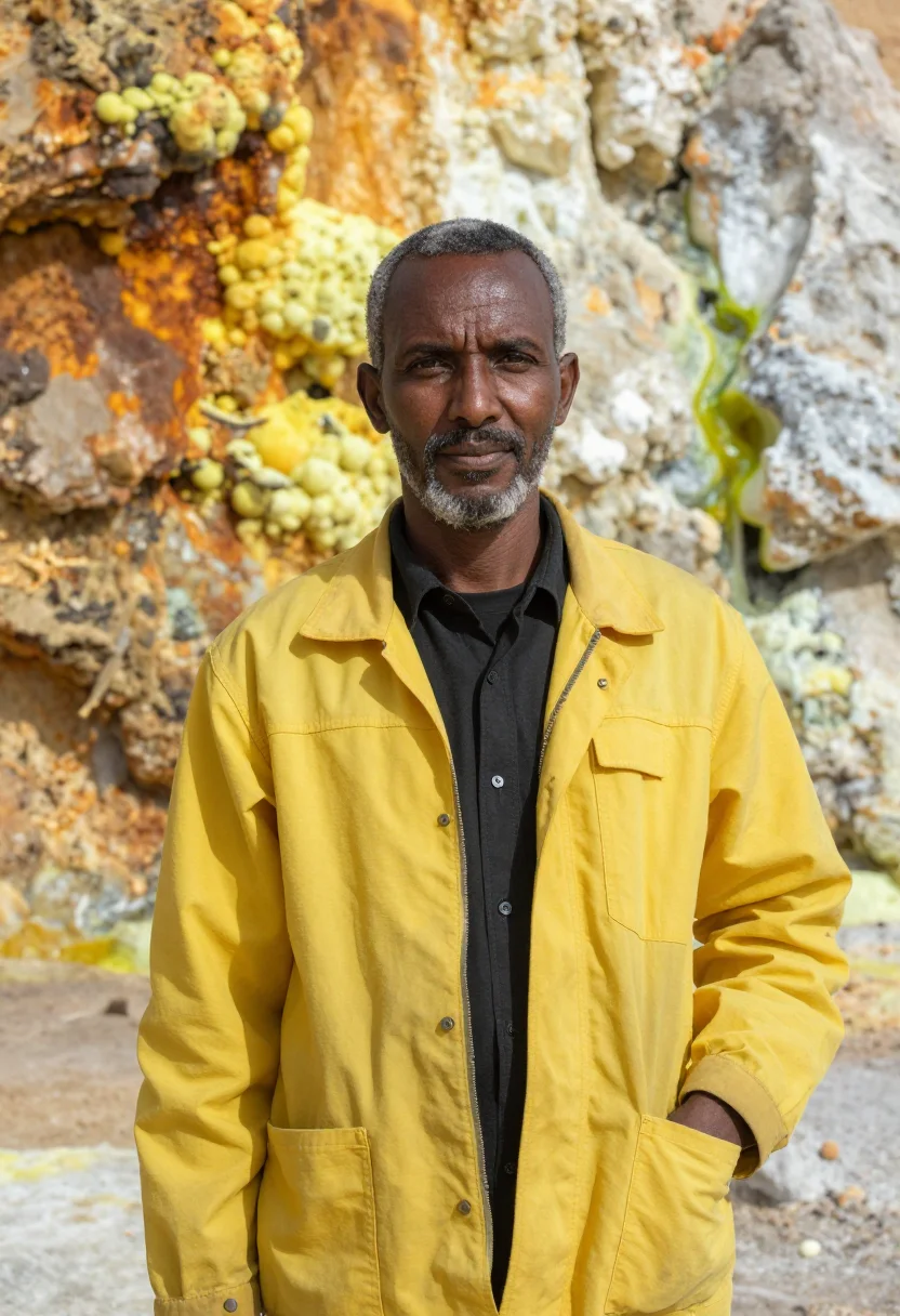 AI danakil geologist salt flat sulphur palette sample — portrait of a man, an Afar geologist in his early fifties wi