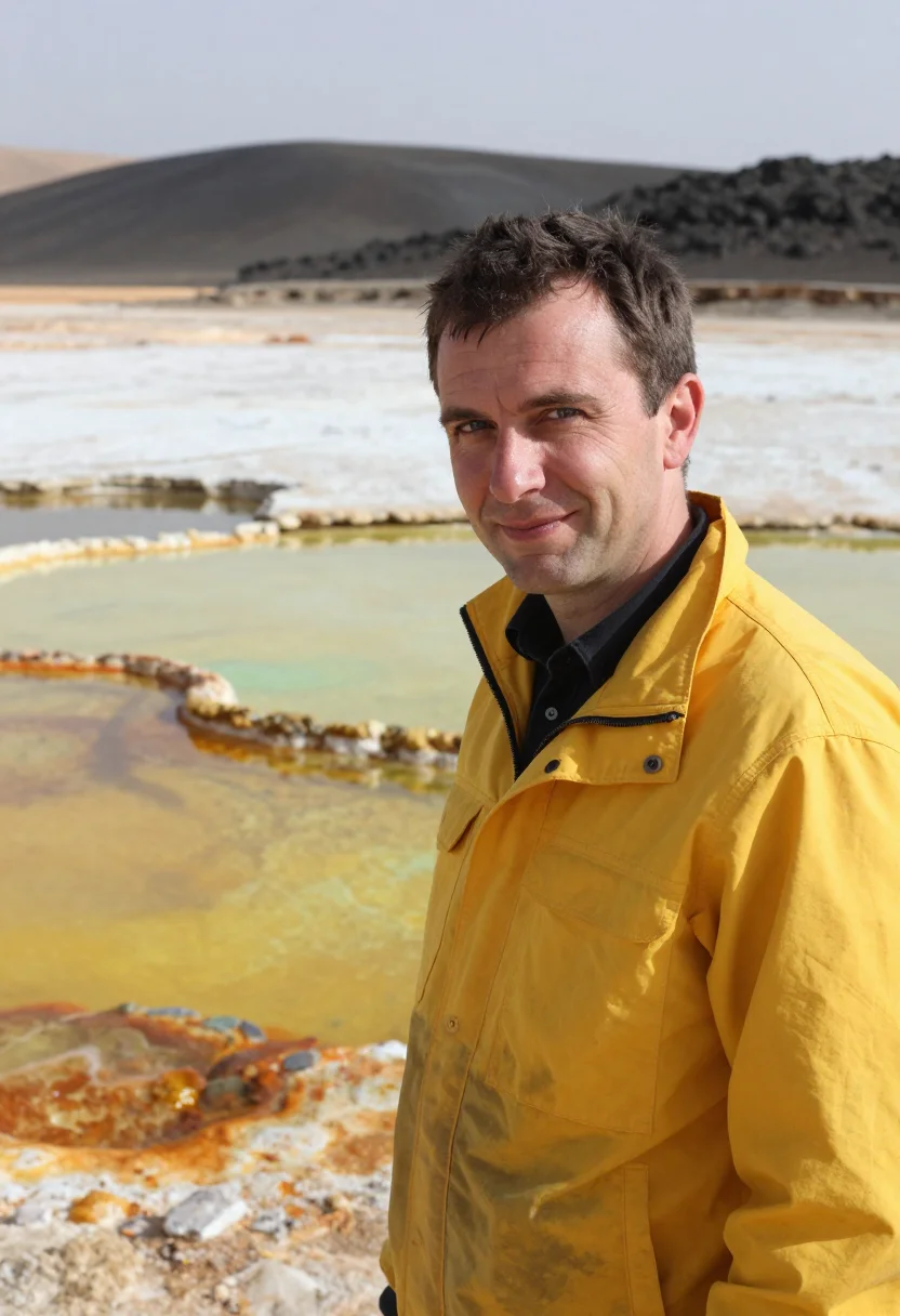 AI danakil geologist salt flat sulphur palette sample — portrait of a man, a French geologist in his early forties w
