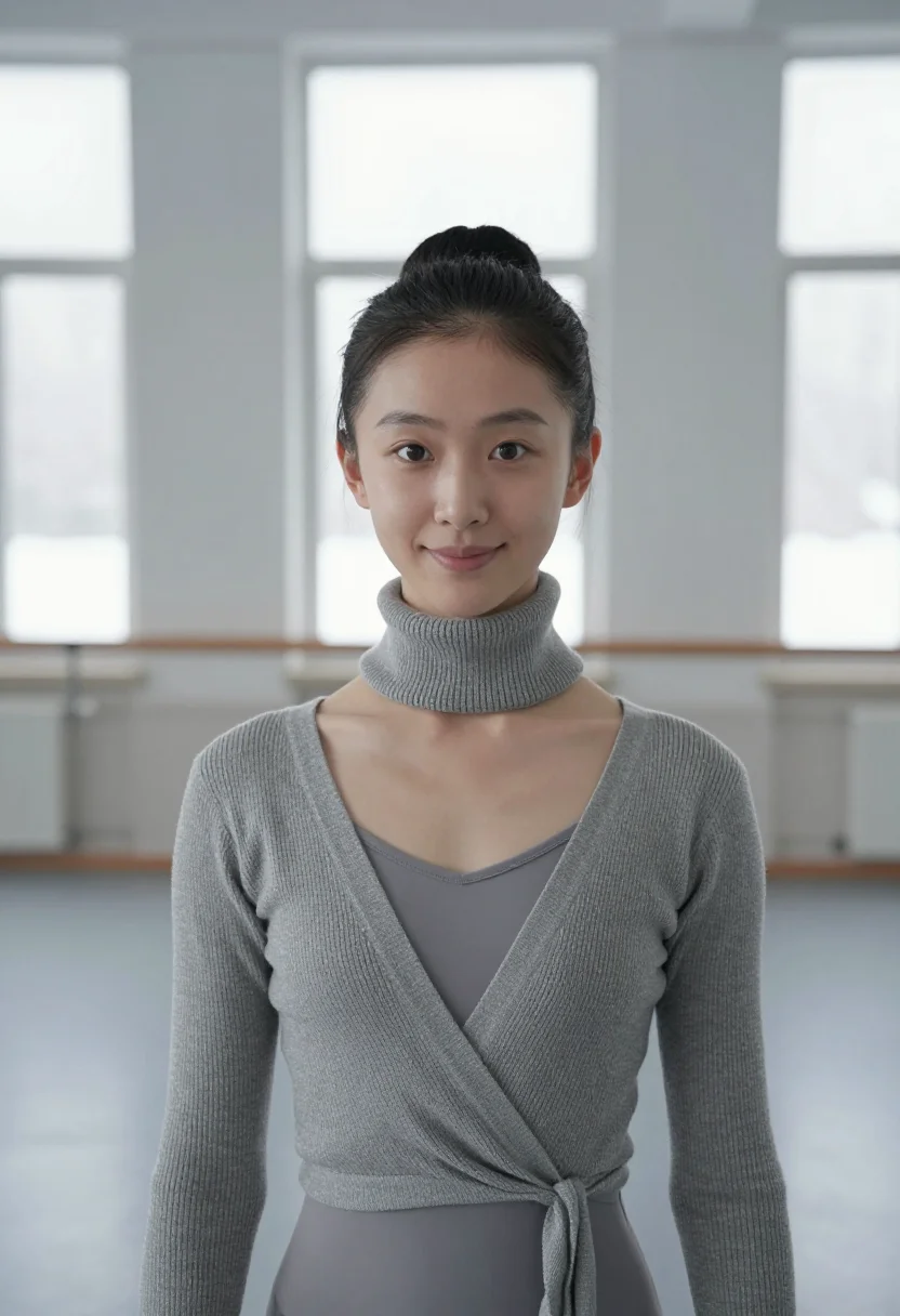 AI dancer warmup grey sample — portrait of a woman, framed head and shoulders, tighter, the