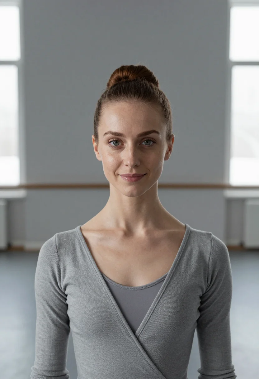 AI dancer warmup grey sample — portrait of a woman, framed tight on the head, the body clos