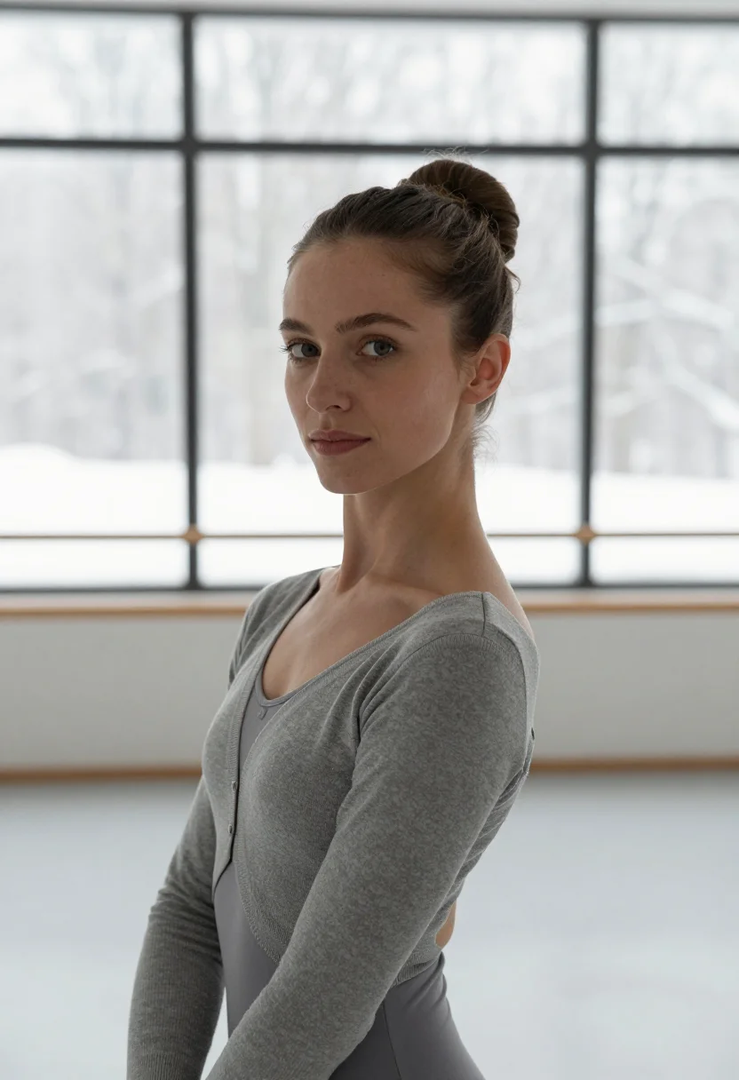 AI dancer warmup grey sample — portrait of a woman, framed head and shoulders, tighter, the