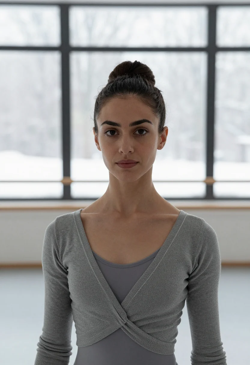 AI dancer warmup grey sample — portrait of a woman, framed tight on the head, the body clos