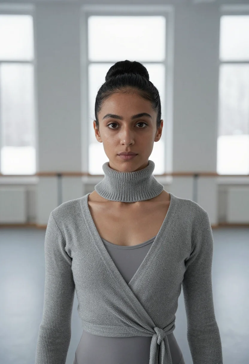 AI dancer warmup grey sample — portrait of a woman, framed tight on the head, the body clos