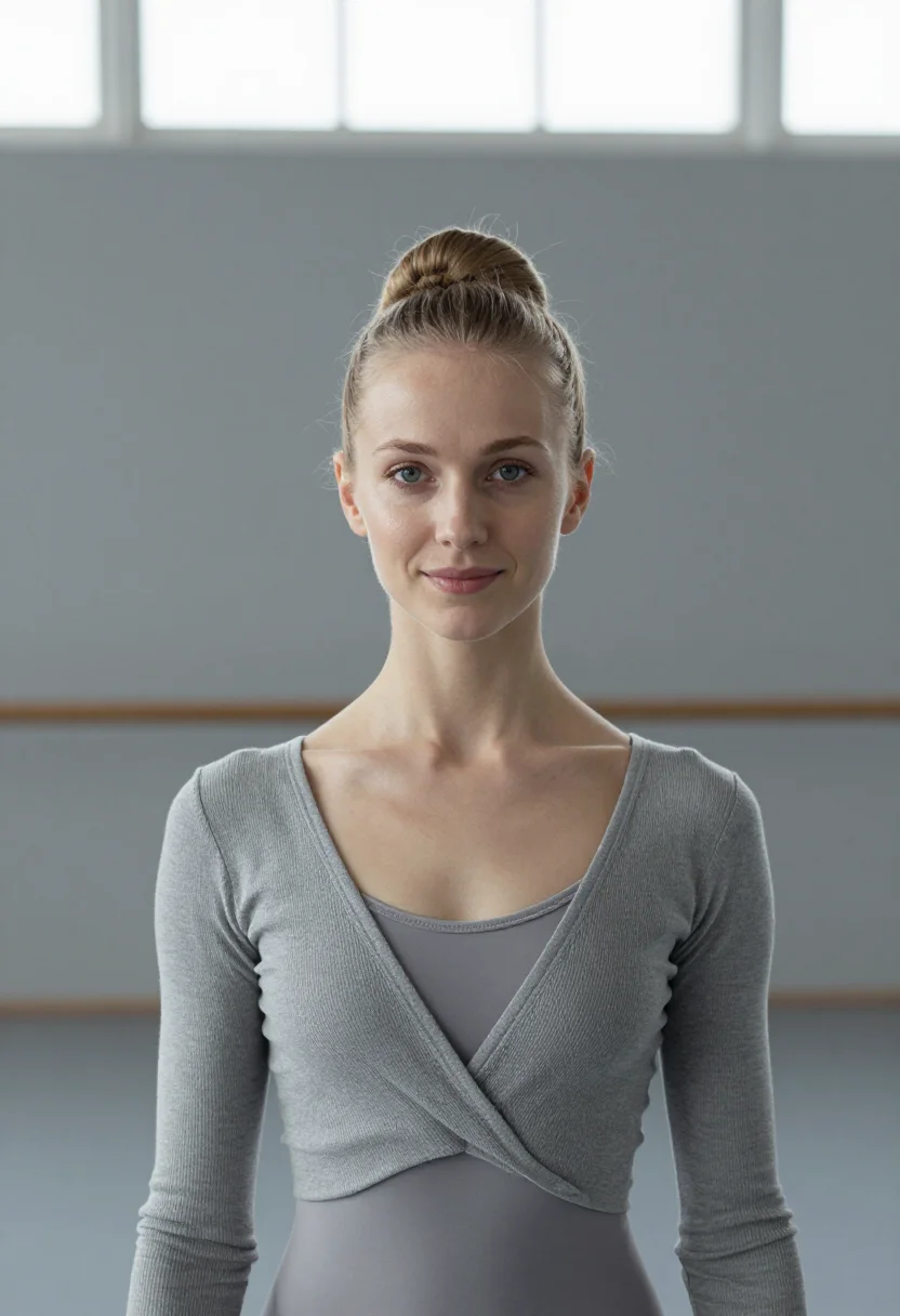 AI dancer warmup grey sample — portrait of a woman, framed chest-up from the ribs with the