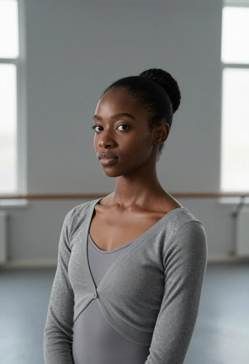 AI dancer warmup grey sample — portrait of a woman, framed head and shoulders, tighter, the