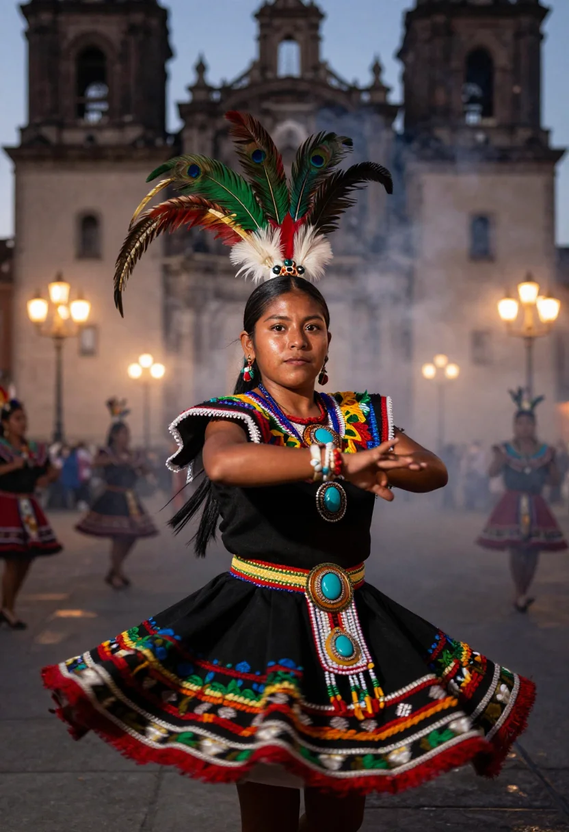 AI danza azteca sample — portrait of a dancer, chest-up portrait of an Indigenous Mex