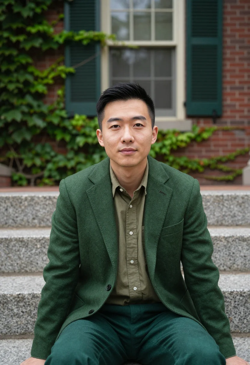 AI dartmouth green professor sample — portrait of a man, framed chest-up, cropped at the ribs, the