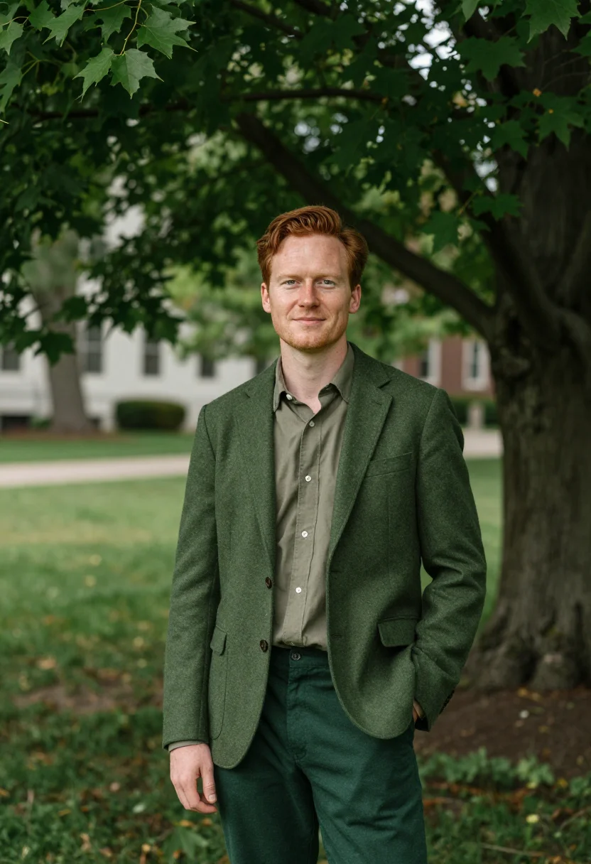AI dartmouth green professor sample — portrait of a man, framed at half-length, cropped at the hip