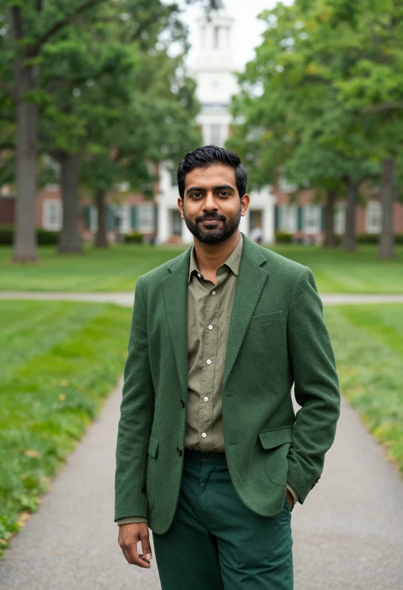 AI dartmouth green professor sample — portrait of a man, framed chest-up, cropped at the ribs, the