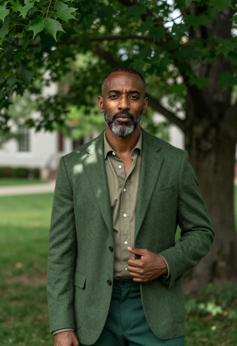 AI dartmouth green professor sample — portrait of a man, framed chest-up, cropped at the ribs, the