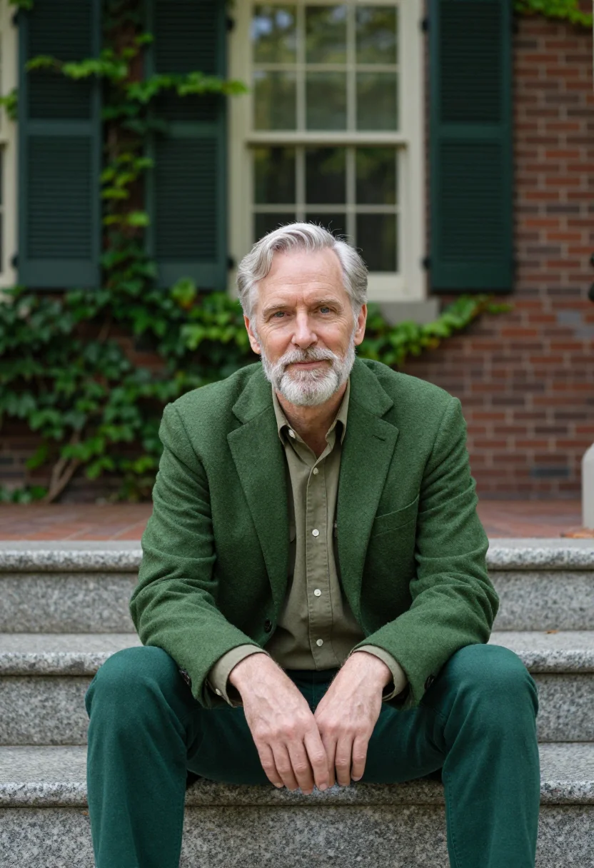 AI dartmouth green professor sample — portrait of a man, framed at half-length, seated, cropped at
