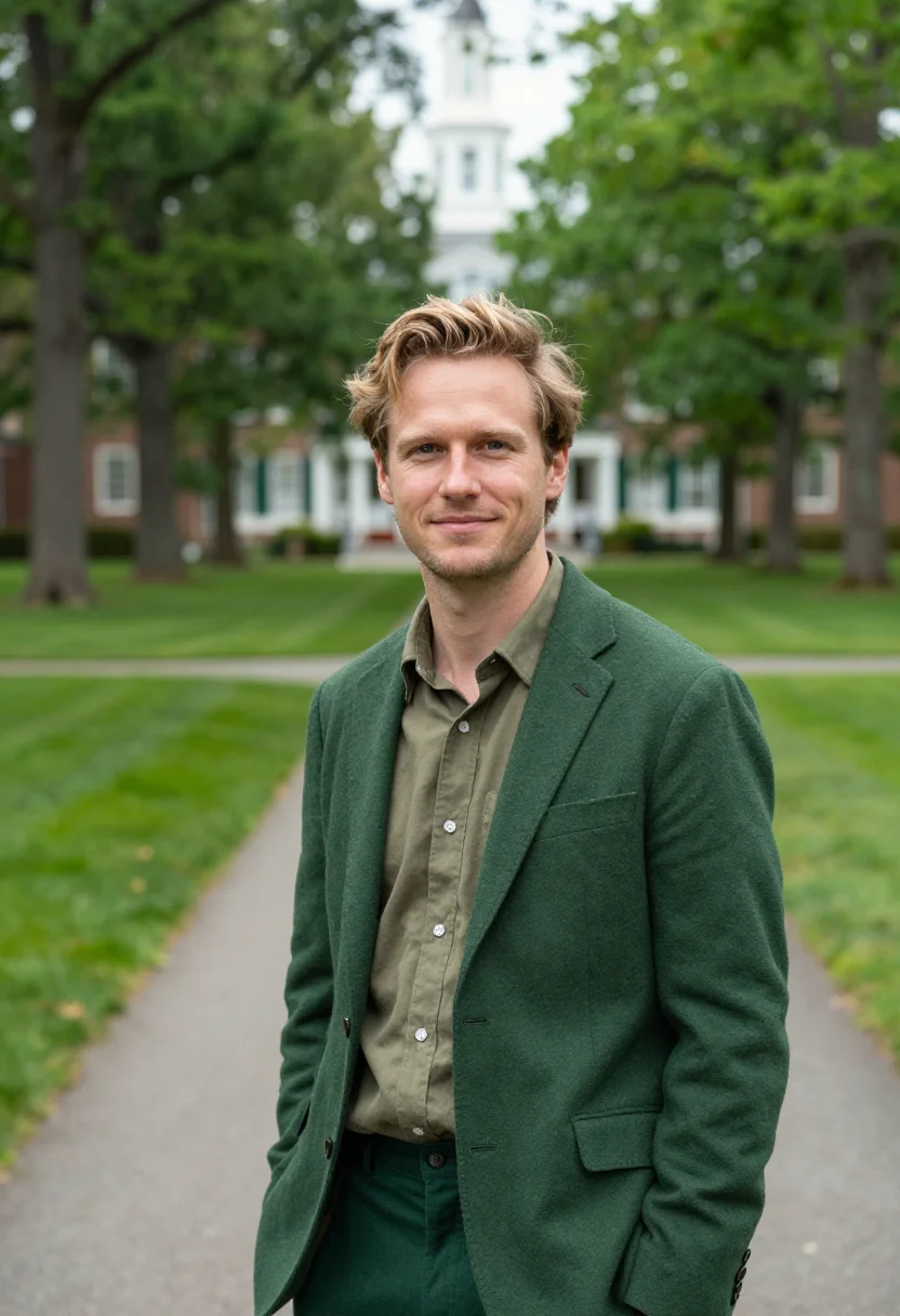 AI dartmouth green professor sample — portrait of a man, framed tight, head and shoulders, the bod