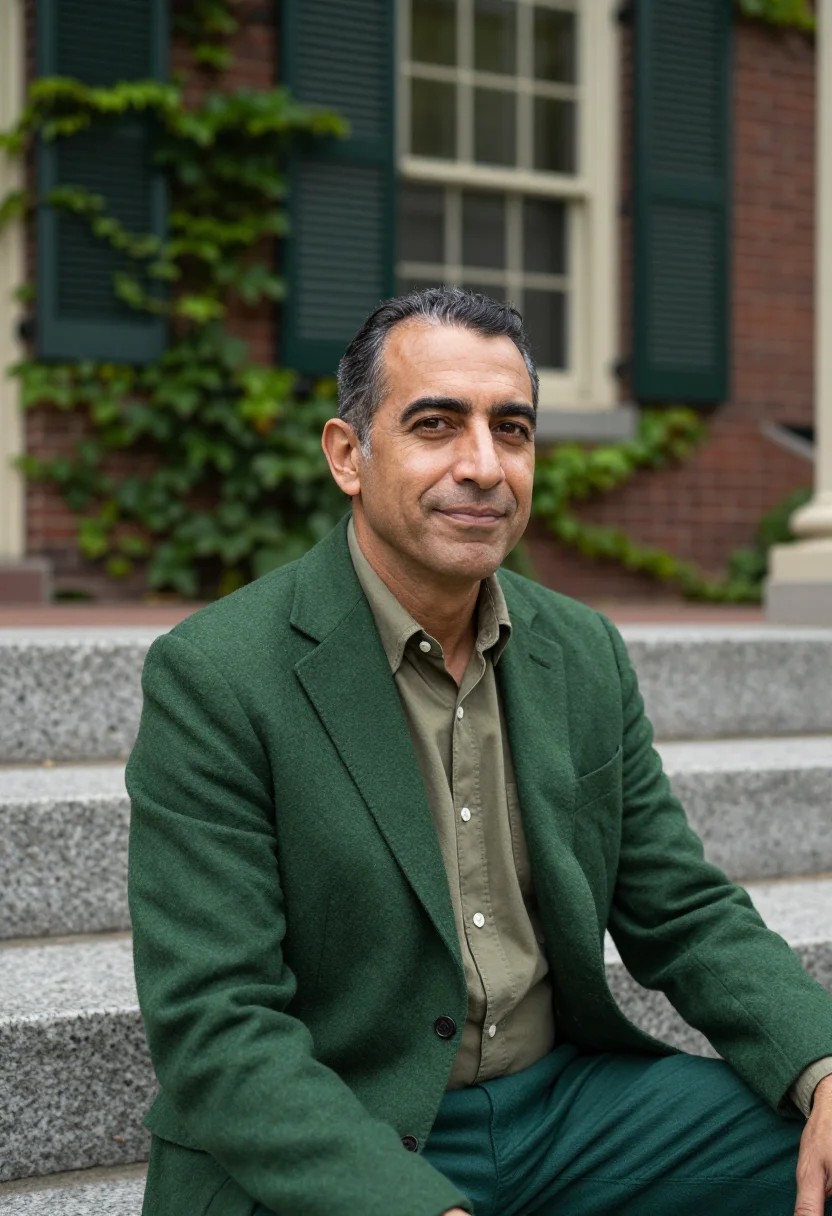 AI dartmouth green professor sample — portrait of a man, framed tight, head and shoulders, the bod