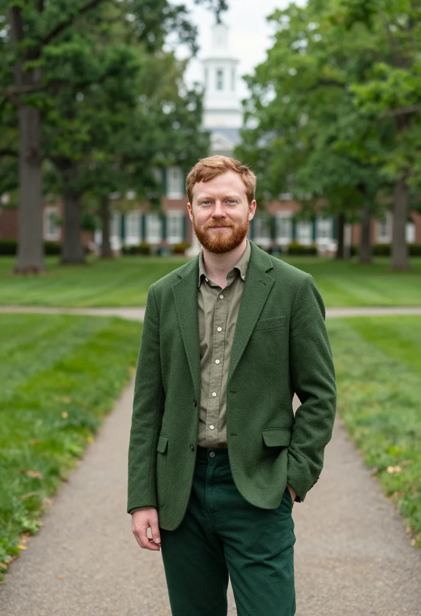 AI dartmouth green professor sample — portrait of a man, framed at half-length, cropped at the hip