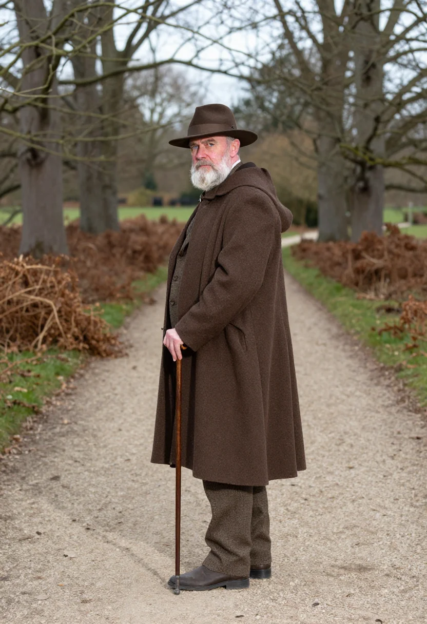 AI darwin down house sandwalk bracken sample — portrait of a man, framed full-length from the hat to the bo