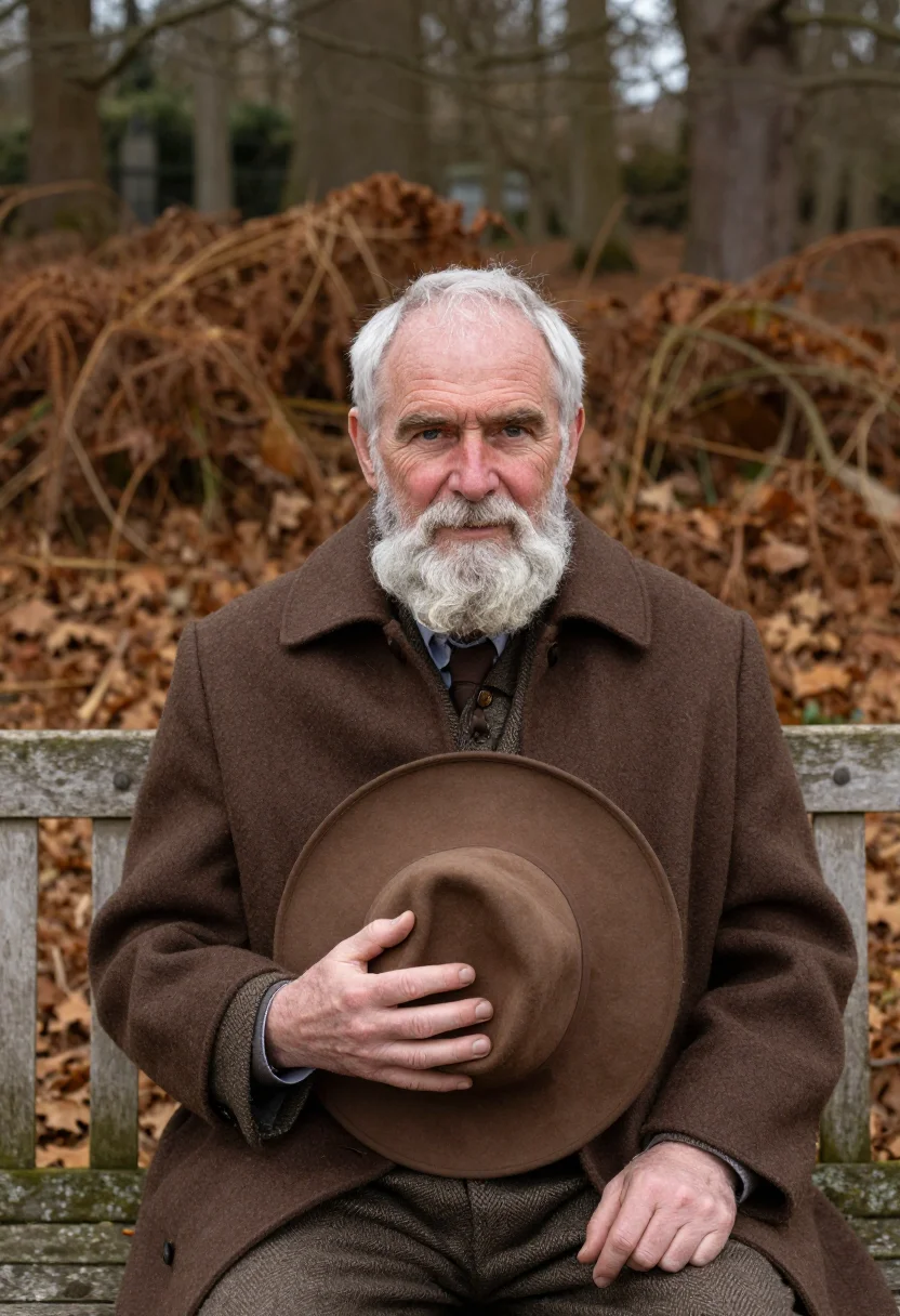 AI darwin down house sandwalk bracken sample — portrait of a man, framed tight, head and shoulders, the bod