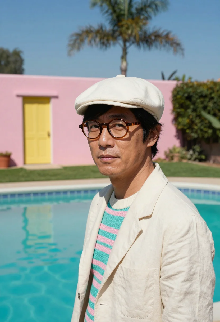AI david hockney los angeles pool palette sample — portrait of a man, a Japanese-American painter in his early