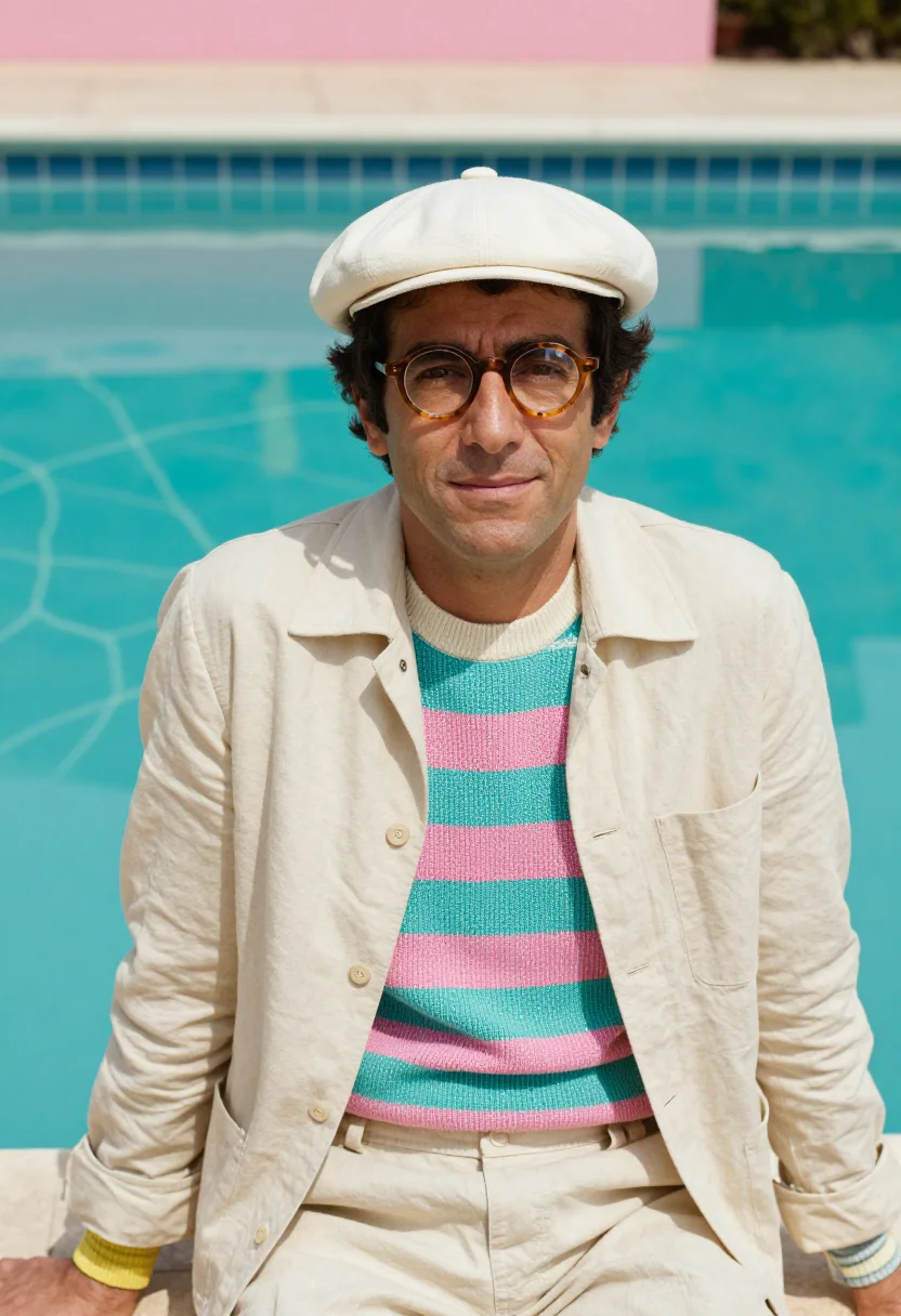 AI david hockney los angeles pool palette sample — portrait of a man, an Italian painter in his early forties w