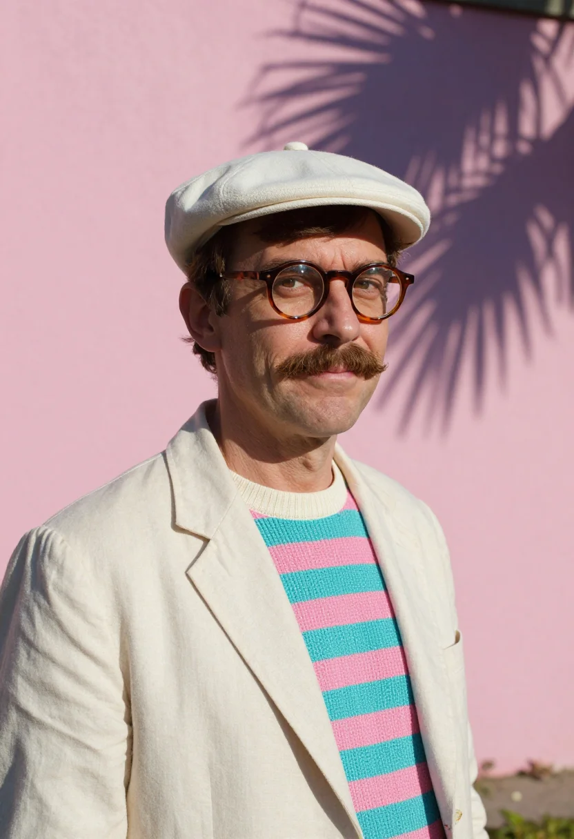 AI david hockney los angeles pool palette sample — portrait of a man, an American painter in his late thirties