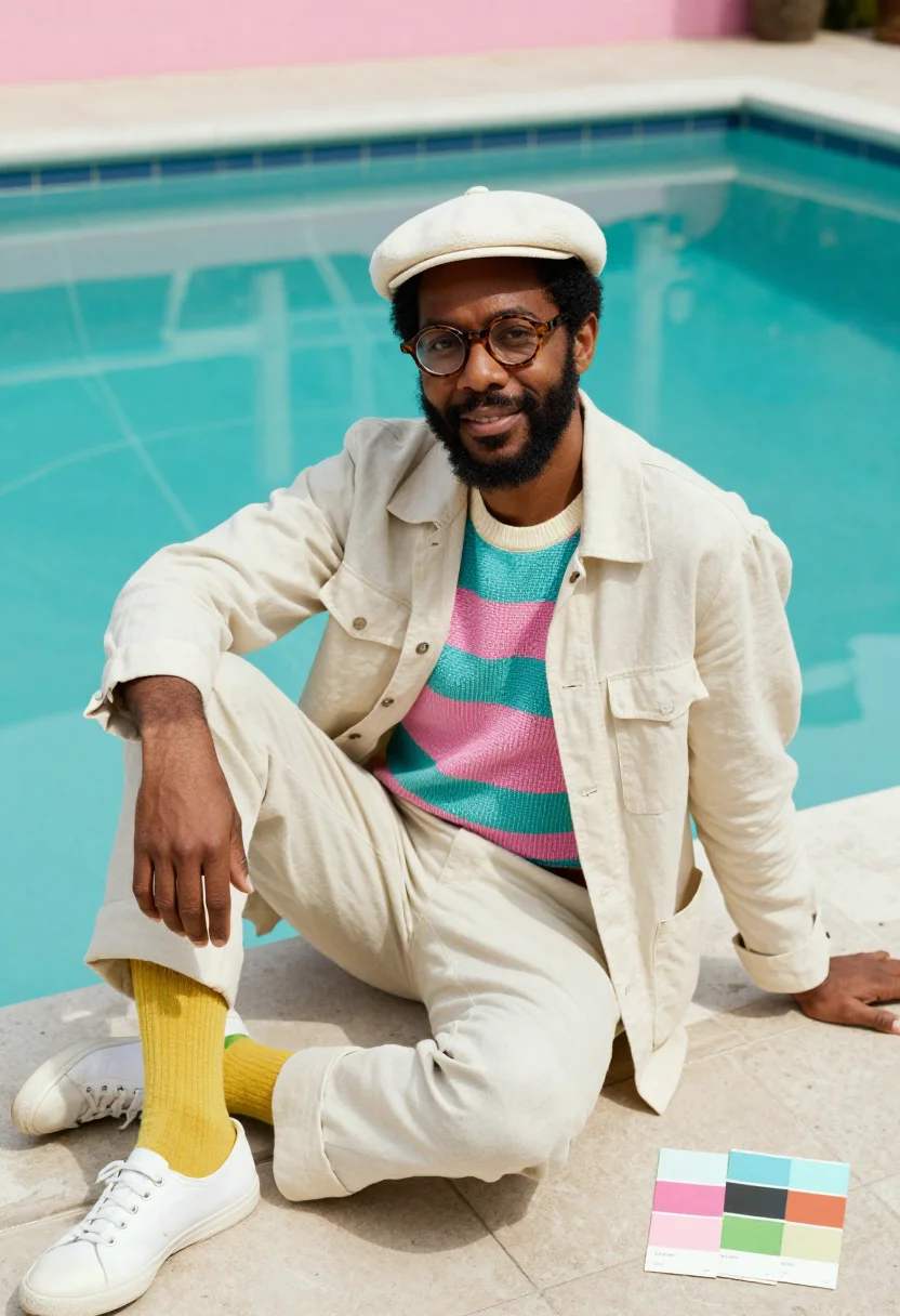 AI david hockney los angeles pool palette sample — portrait of a man, an African-American painter in his late t