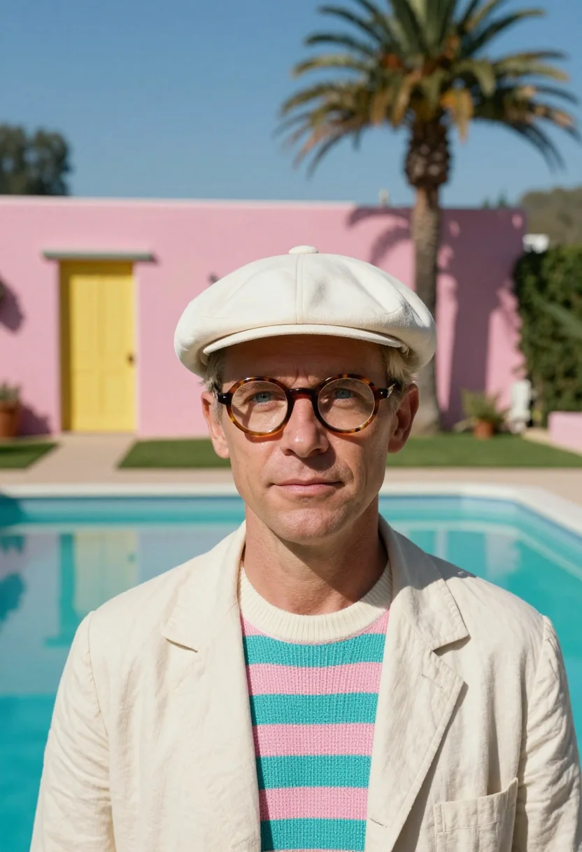 AI david hockney los angeles pool palette sample — portrait of a man, a Dutch painter in his mid-forties with f