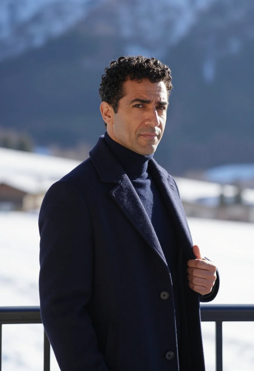 AI davos navy sample — portrait of a man, framed chest-up from the ribs with the bo