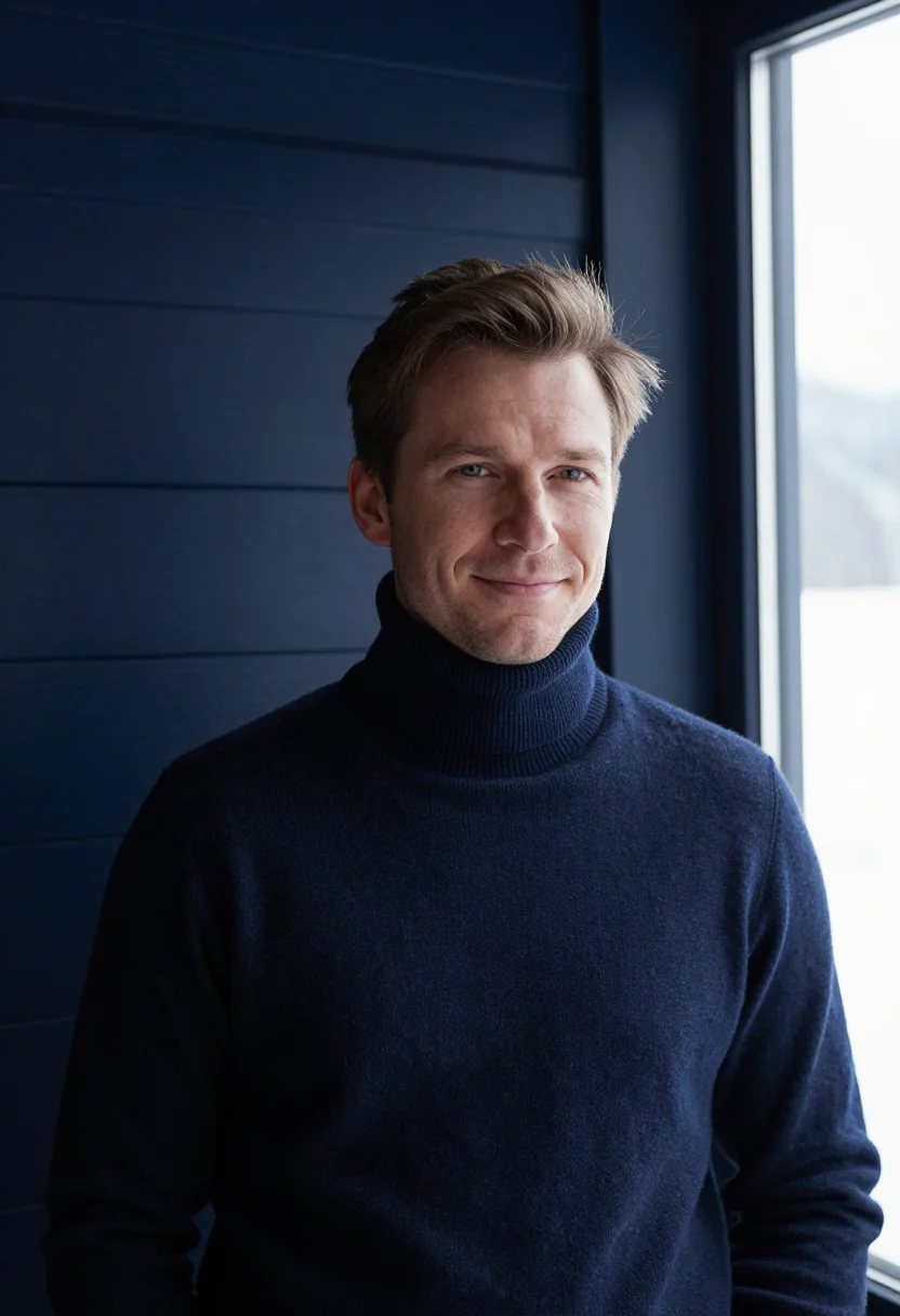 AI davos navy sample — portrait of a man, framed chest-up from the ribs with the bo