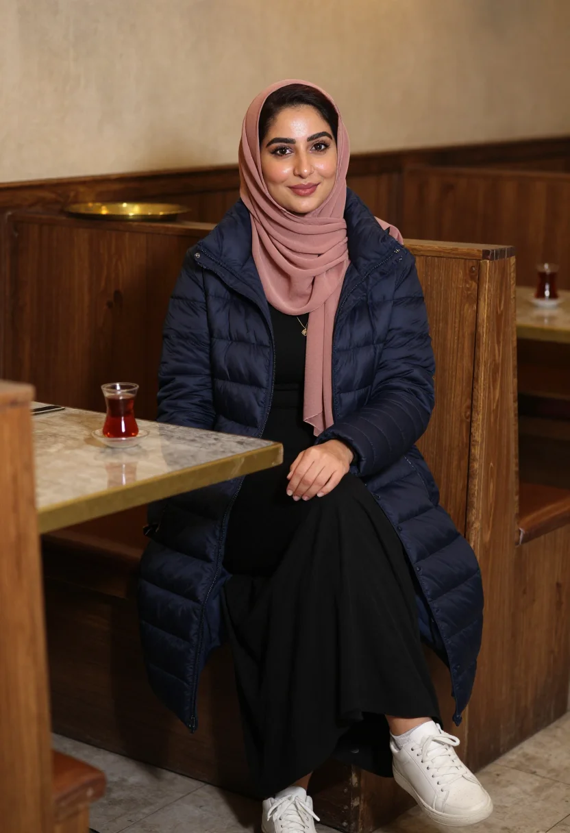 AI dearborn modest sample — portrait of a woman, a three-quarter-length booth portrait o