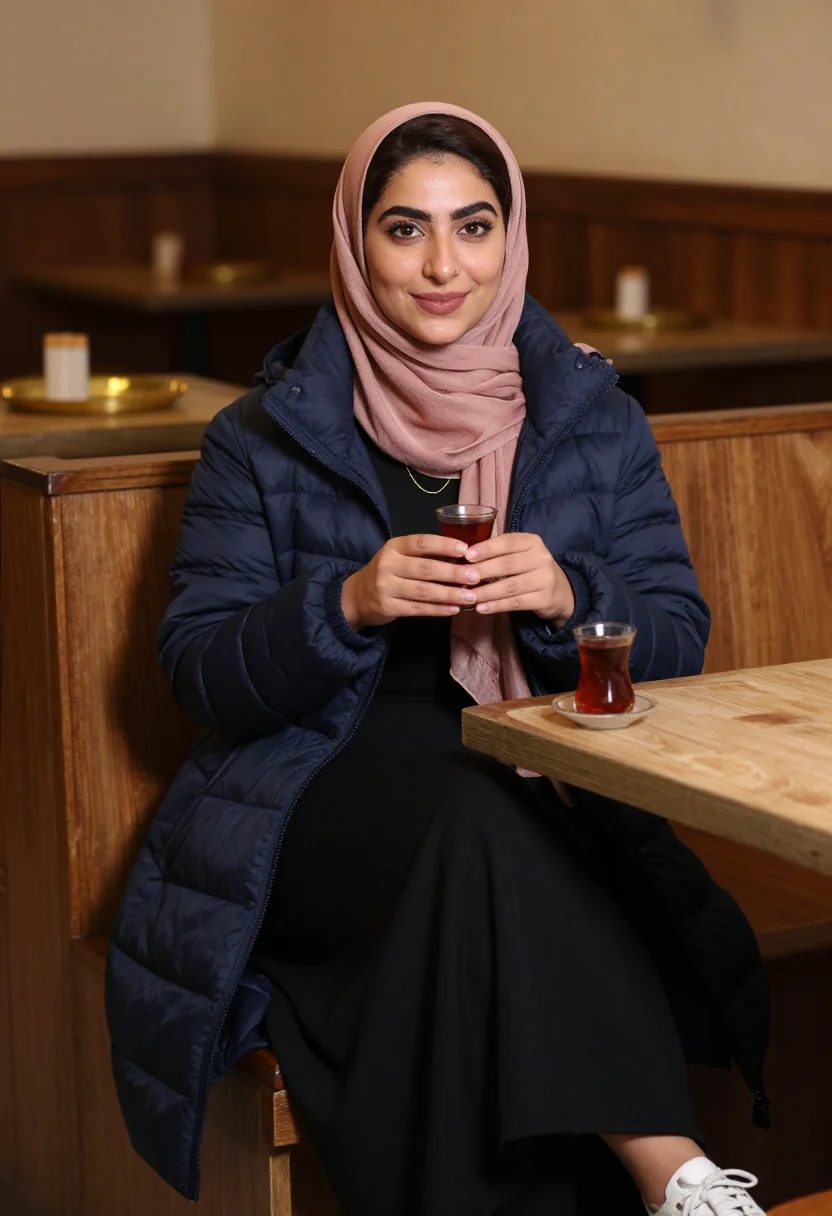 AI dearborn modest sample — portrait of a woman, a chest-up booth portrait of an Arab-Am