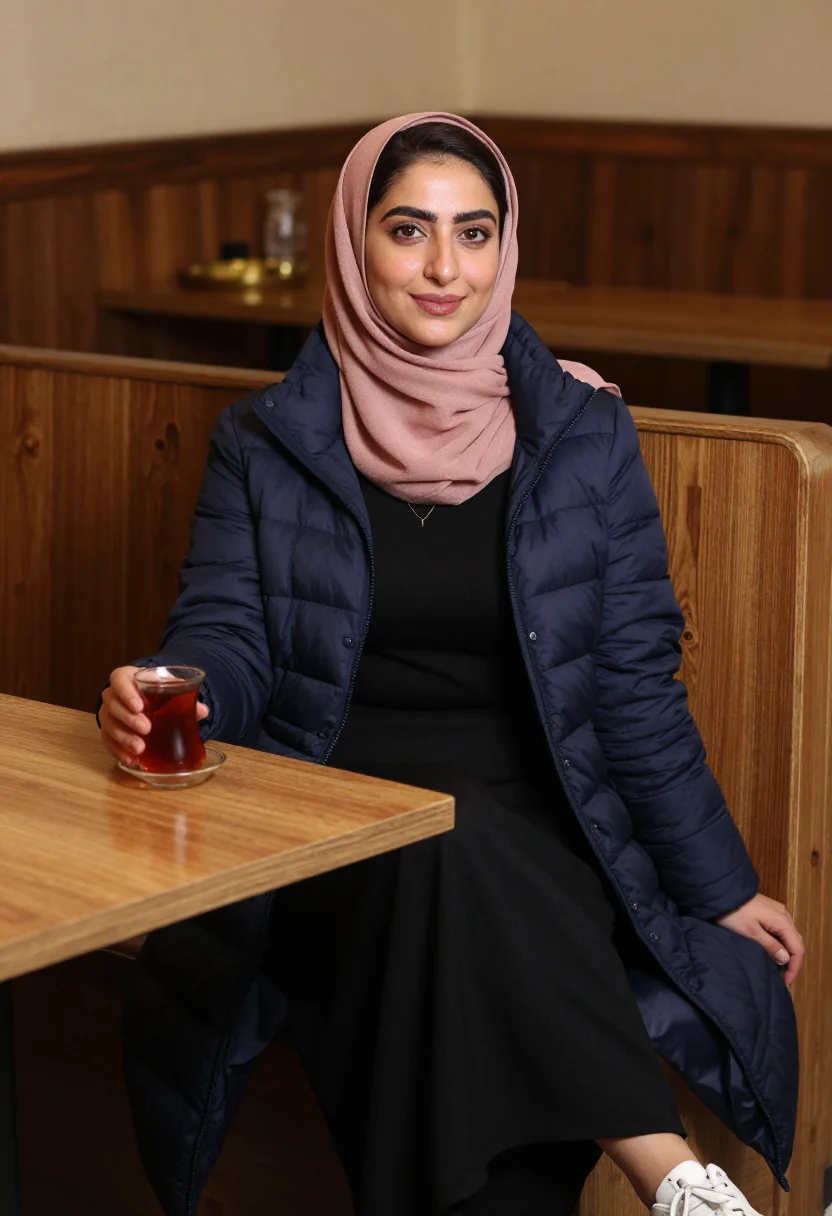 AI dearborn modest sample — portrait of a woman, a half-length booth portrait of an Arab