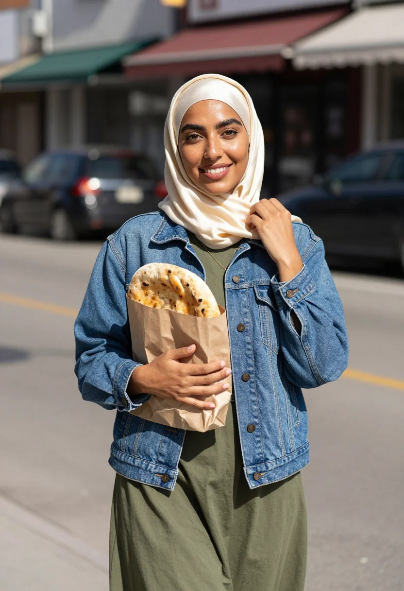 AI dearborn modest sample — portrait of a woman, a chest-up walking portrait of an Arab-