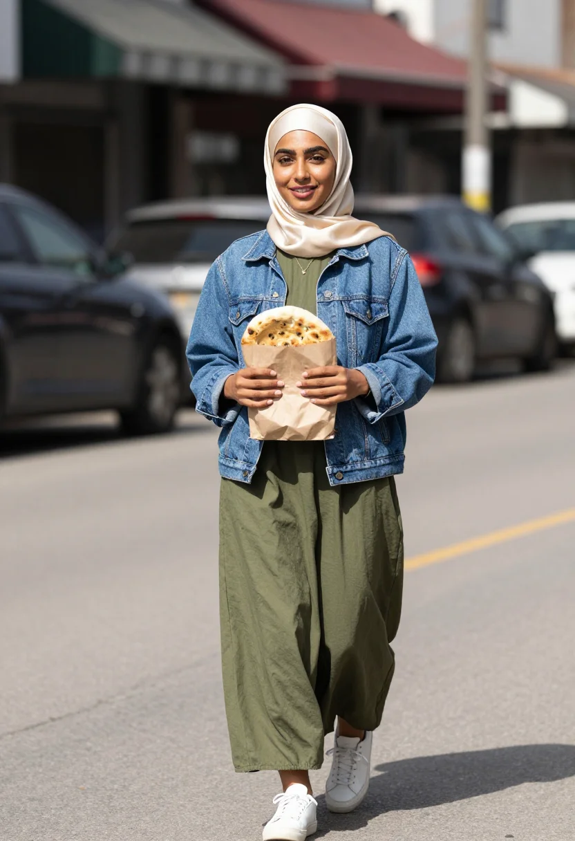 AI dearborn modest sample — portrait of a woman, a three-quarter-length walking portrait