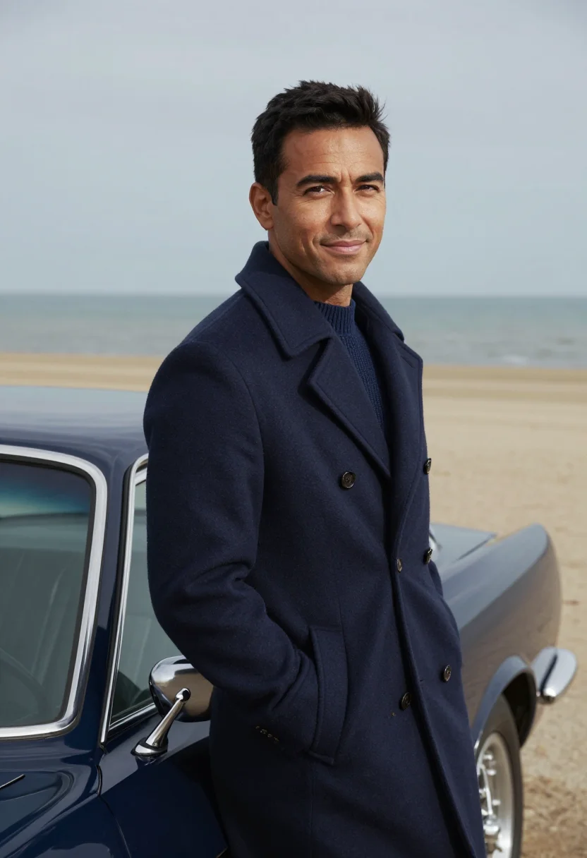 AI deauville mustang november navy sample — portrait of a man, framed chest-up, cropped at the ribs, the